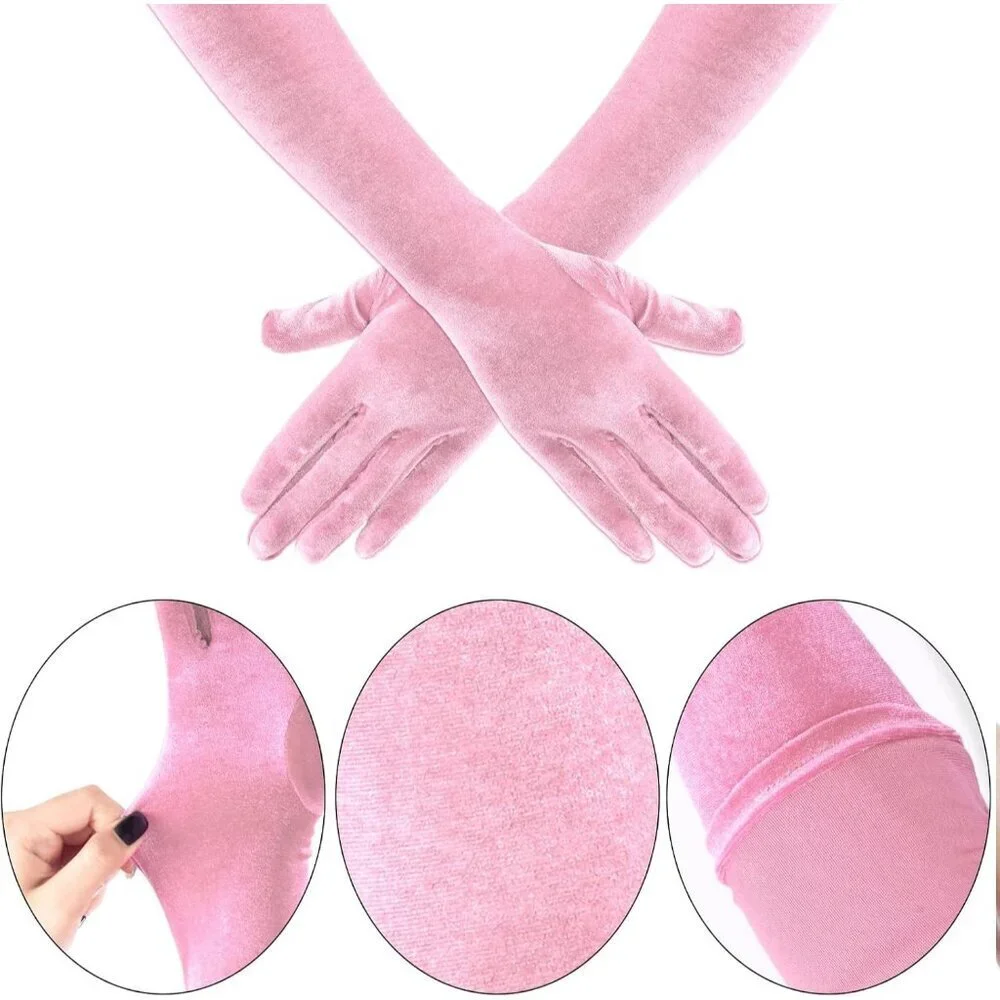 Women's Pink Velvet Long Gloves Elbow Length Costume Flapper Evening Banquet